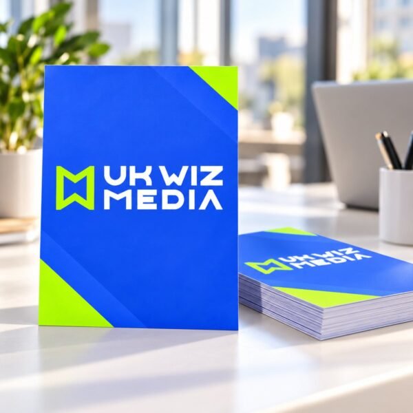 Flyer printing Manchester – UK Wiz Media flyer and leaflets on a desk